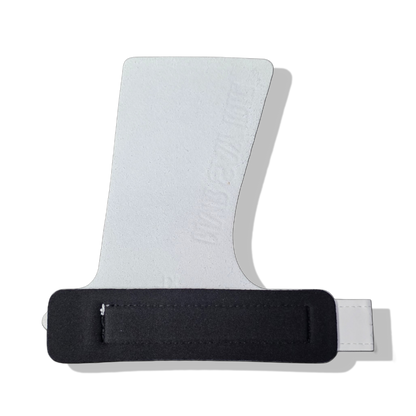 the back of white silicone crossfit grips with never say die logo made by rbst gear co and the honey badger dont care 