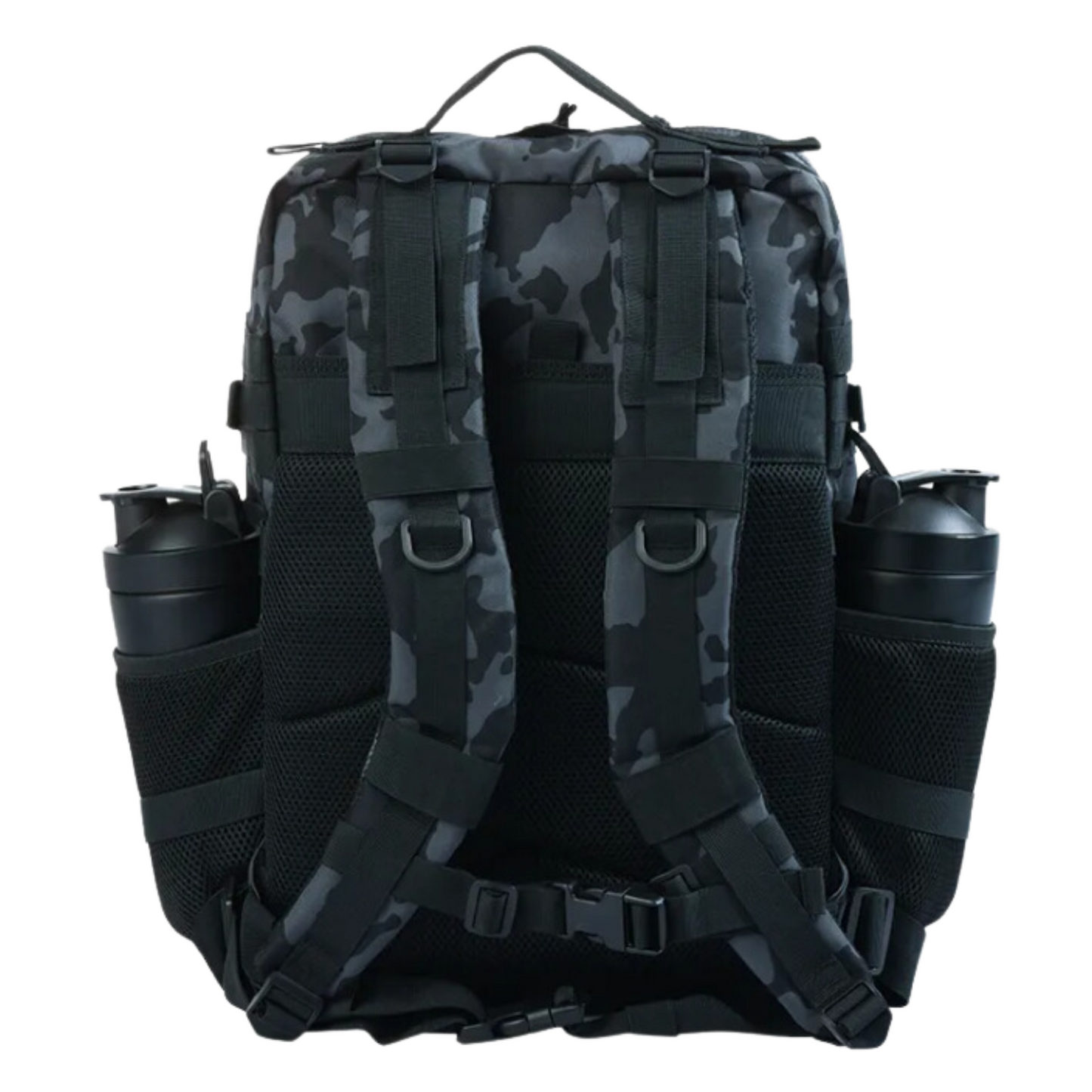 Back view of the tactical backpack, showcasing padded straps, breathable back panel, and adjustable features.