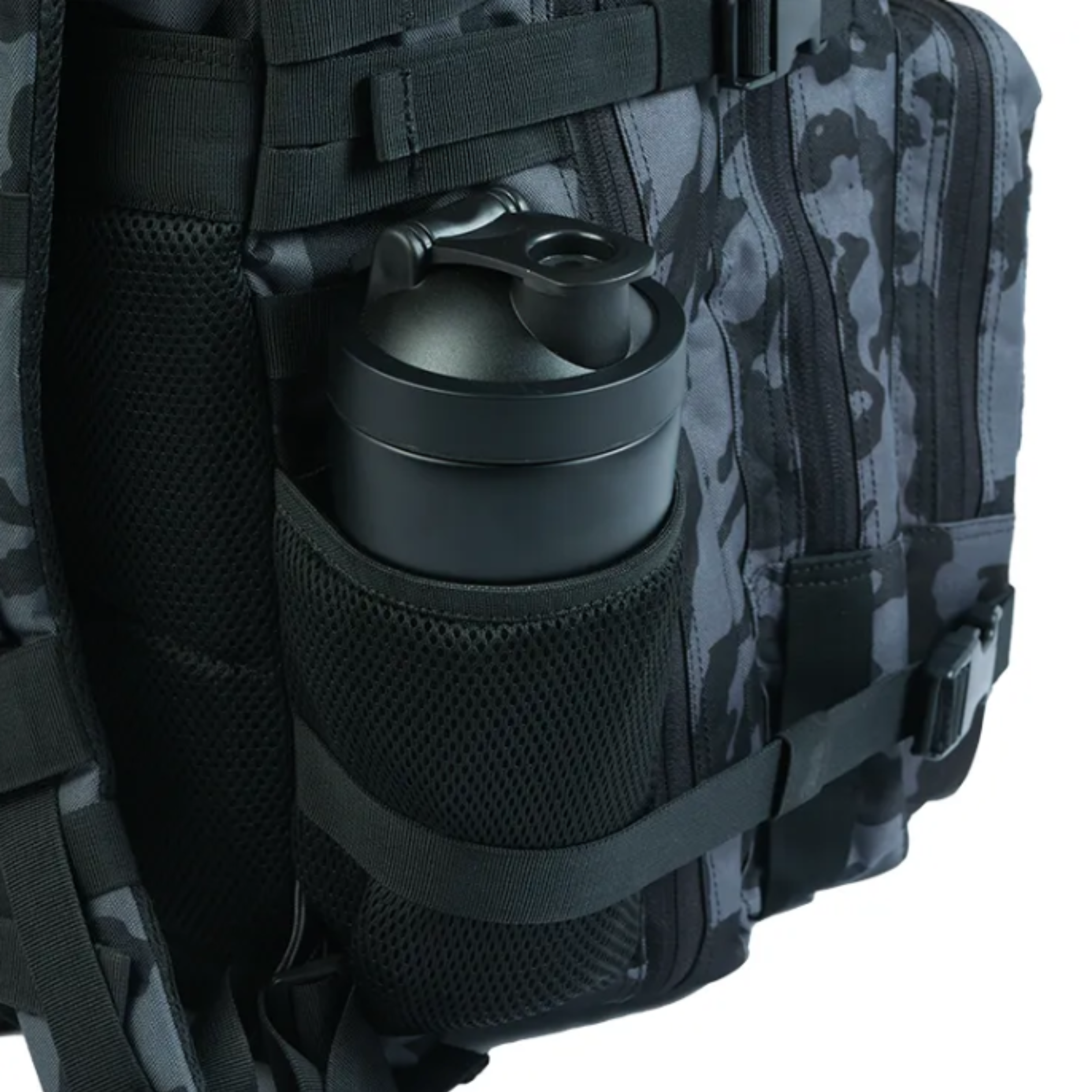 Tactical backpack shown from a different angle, emphasizing its ergonomic design and various compartments.