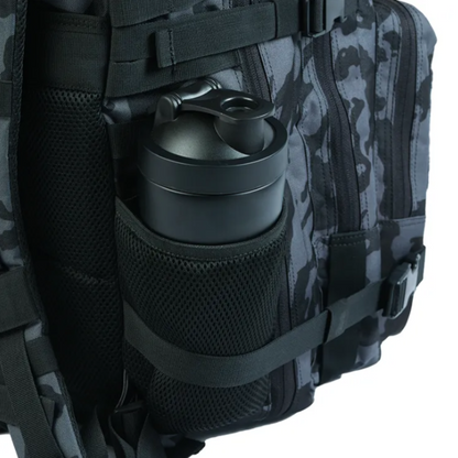Tactical backpack shown from a different angle, emphasizing its ergonomic design and various compartments.
