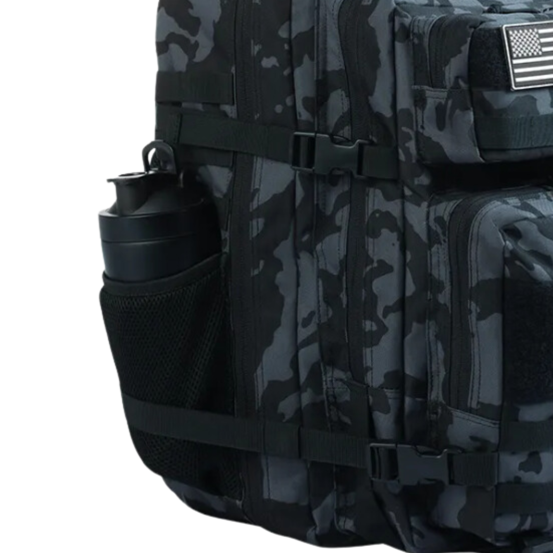 Tactical backpack shown from a different angle, emphasizing its ergonomic design and various compartments.