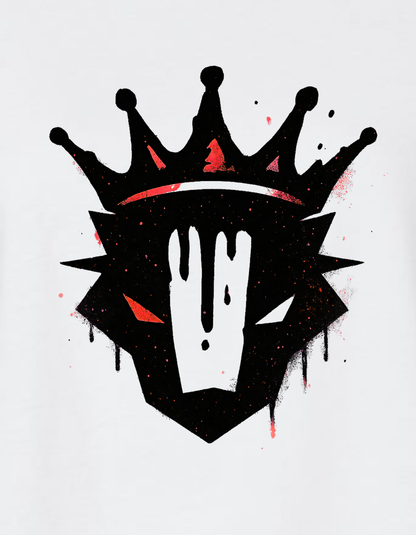 Black crown with red accents on a white background