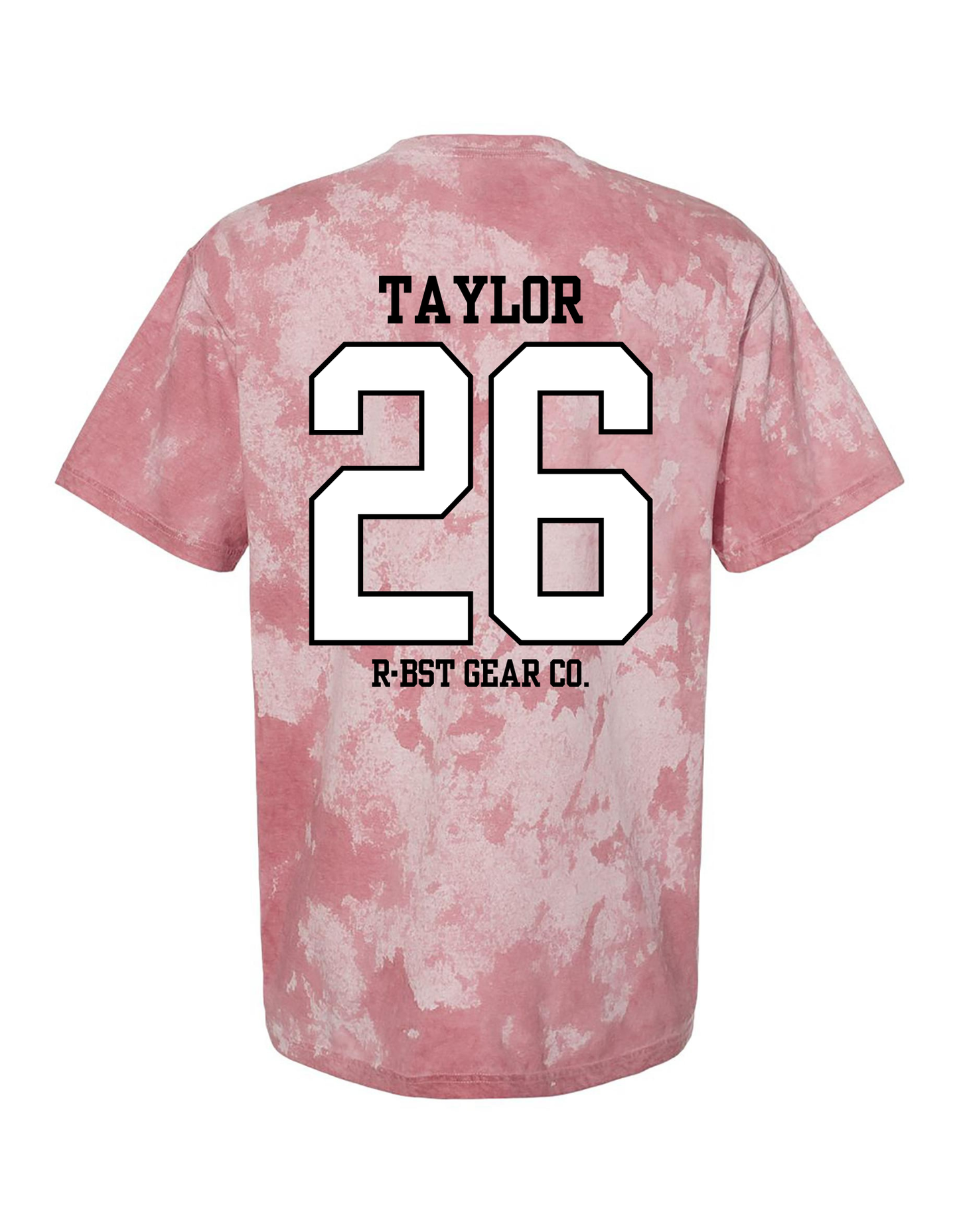 Pink tie-dye t-shirt with 'Taylor 26' printed on the back against a white background