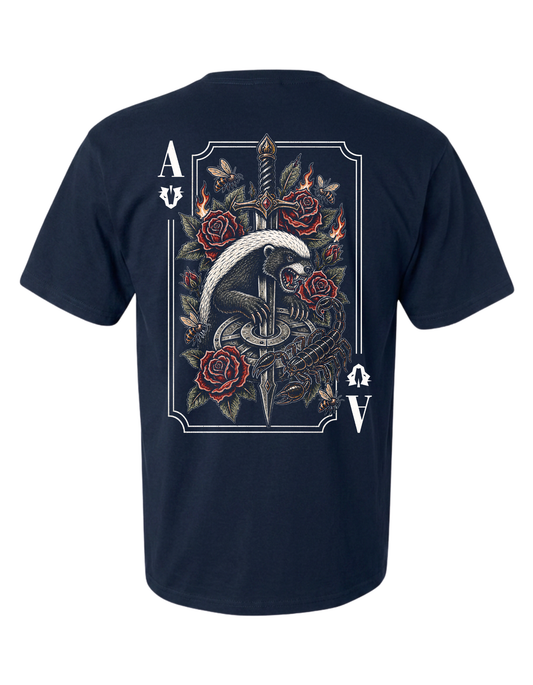 Navy blue t-shirt with a detailed design on the back featuring roses, a sword, and a crescent moon by rbst gear co